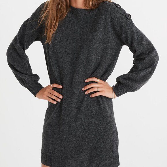 Madewell Dresses & Skirts - Madewell Merino Wool Boatneck Sweater Dress M Button Shoulder Neutral Minimalist